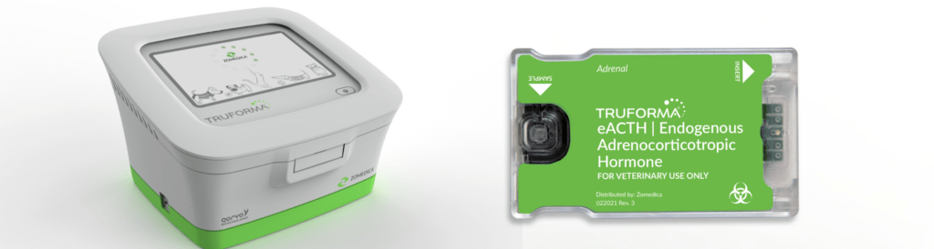 TRUFORMA diagnostic device next to a TRUFORMA eACTH adrenal test cartridge for veterinary use